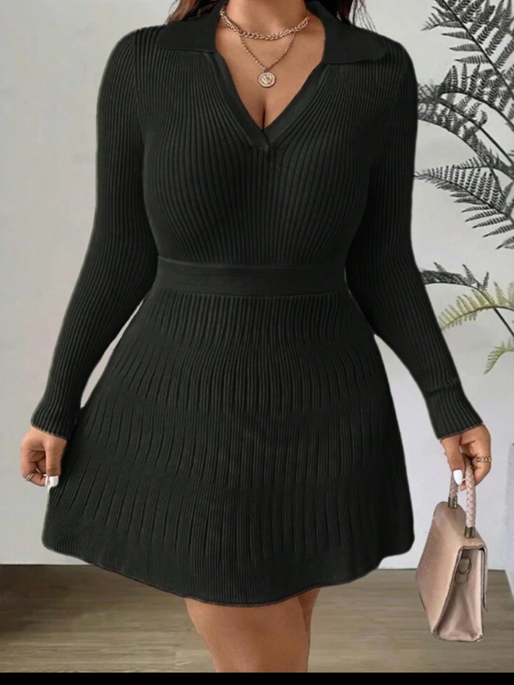 Ribbed Polo Collared Long-Sleeve Knit Dress - 1X